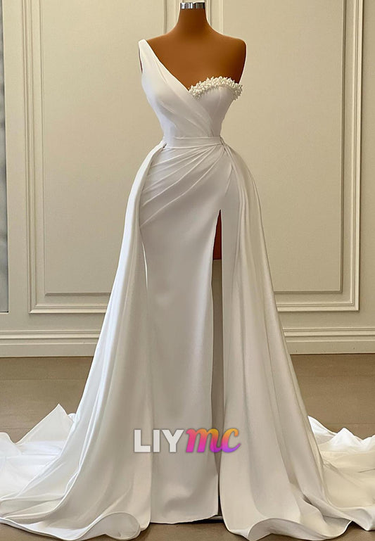 One Shoulder Sleeveless Pleated Sheath Wedding Dress