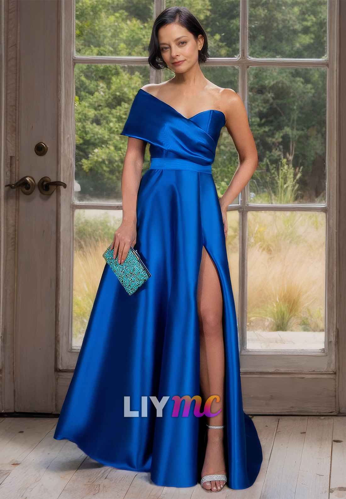 One Shoulder Sleeveless Pleated Sleek Satin A-Line Mother of Bride Dress