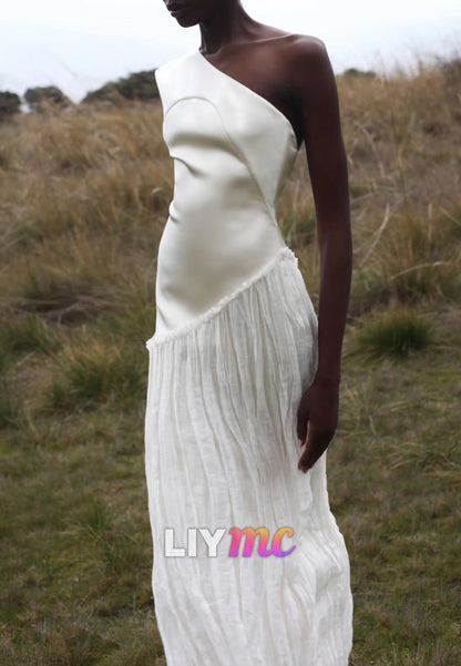 One Shoulder Sleeveless Pleated Sleek Sheath Beach Wedding Dress