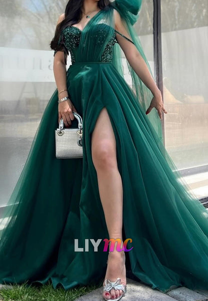 One Shoulder Sleeveless Pleated Tulle Beaded Prom Dress A-Line Party Dress