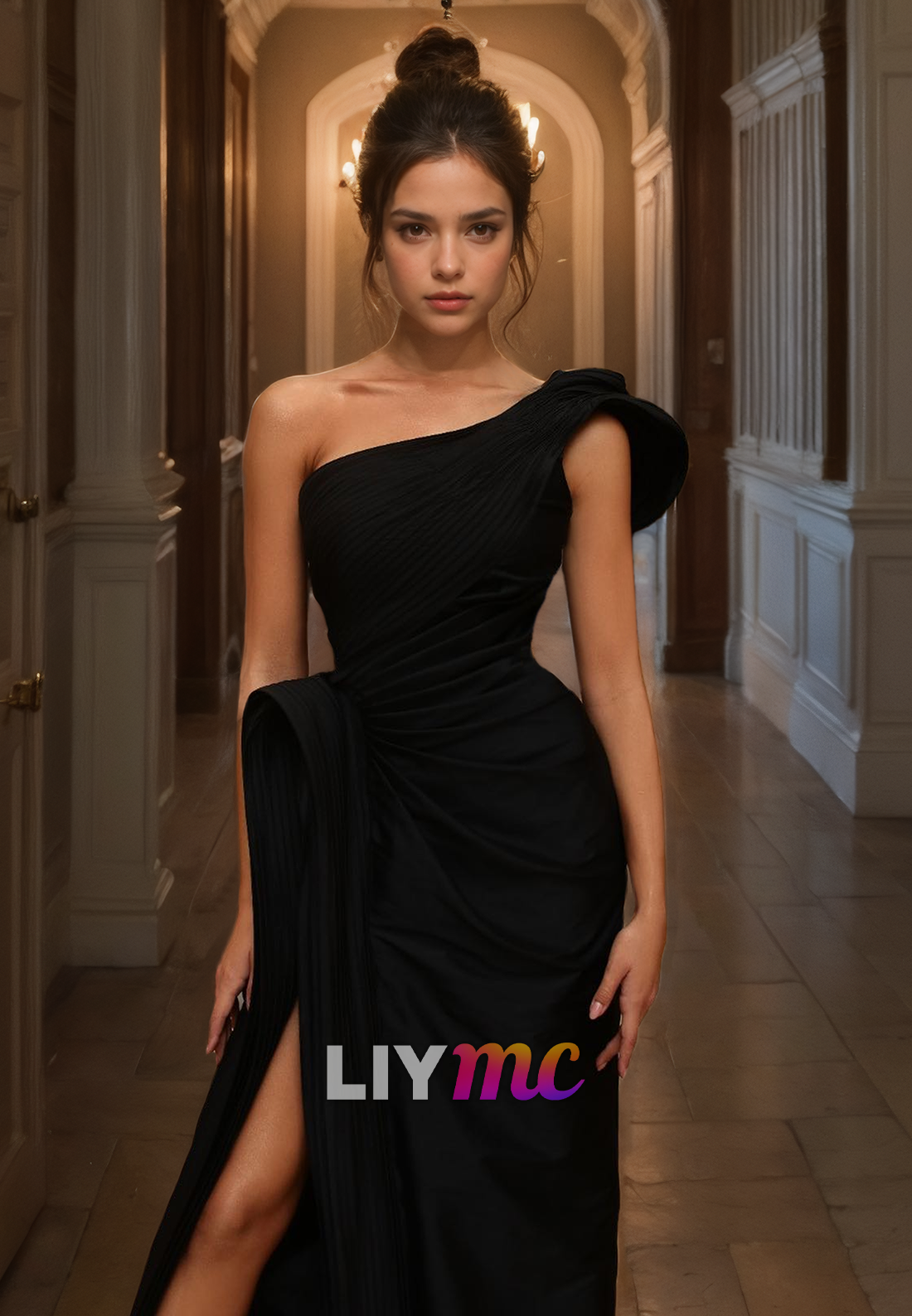 One Shoulder Sleeveless Ruched Side Slit Sheath Black Formal Dress