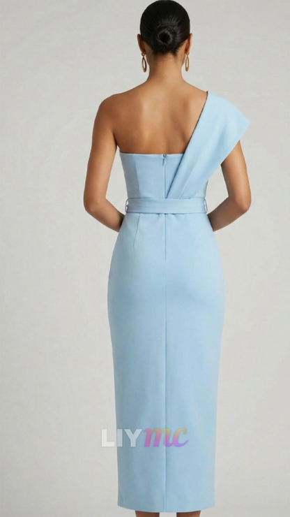 One Shoulder Sleeveless Satin Sheath Cocktail Dress