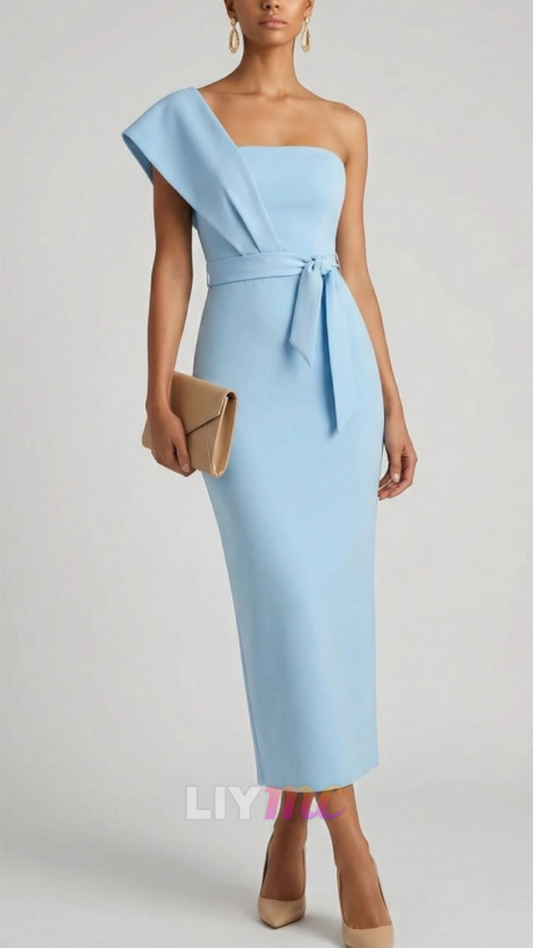 One Shoulder Sleeveless Satin Sheath Cocktail Dress