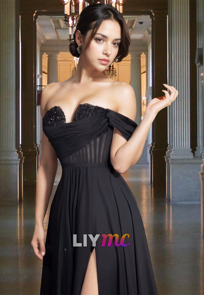 One Shoulder Sleeveless Side Slit Pleated A-Line Prom Dress