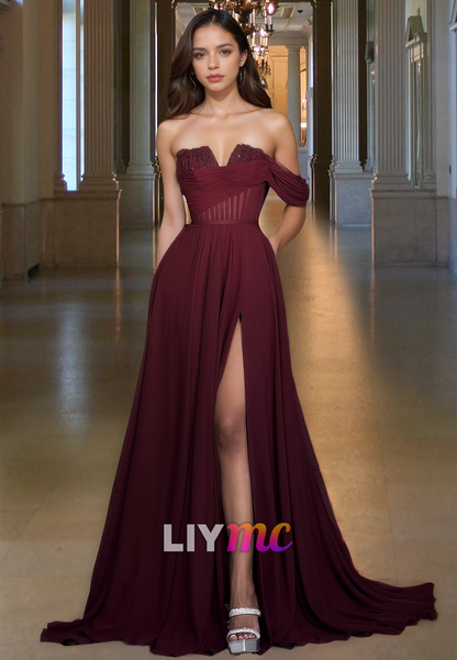 One Shoulder Sleeveless Side Slit Pleated A-Line Prom Dress