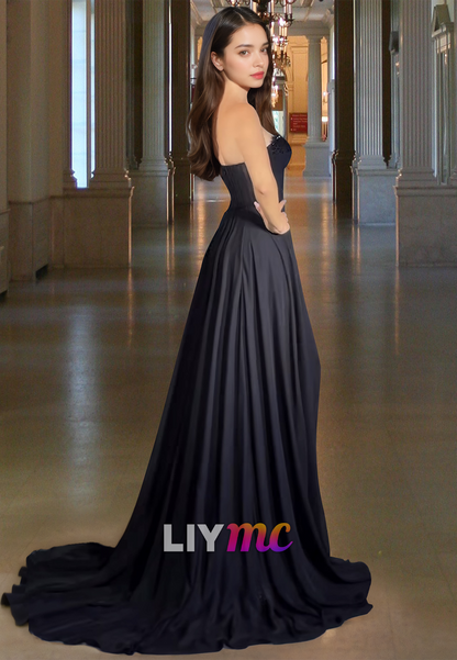 One Shoulder Sleeveless Side Slit Pleated A-Line Prom Dress