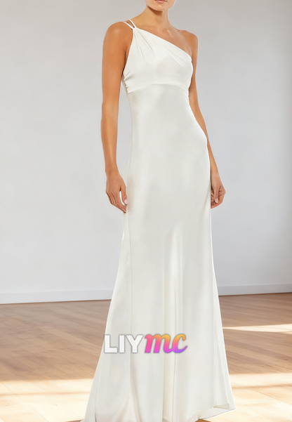 One Shoulder Sleeveless Sleek Sheath Simple Wedding Dress