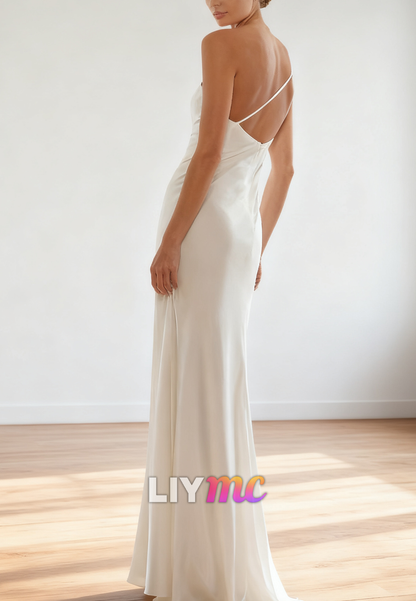One Shoulder Sleeveless Sleek Sheath Simple Wedding Dress