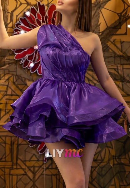 One Shoulder Sleeveless Sleek Tiered Party Homecoming Dress
