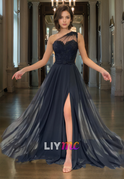 One Shoulder Sleeveless Tulle A-Line High Slit Prom Dress