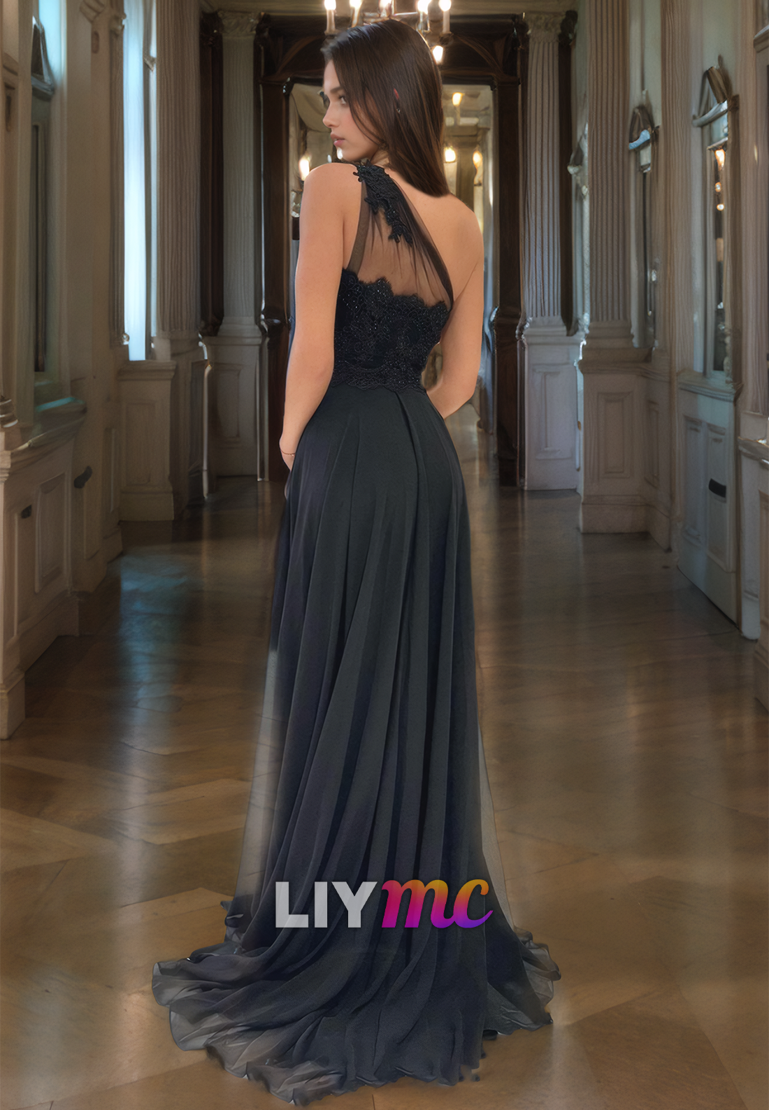 One Shoulder Sleeveless Tulle A-Line High Slit Prom Dress