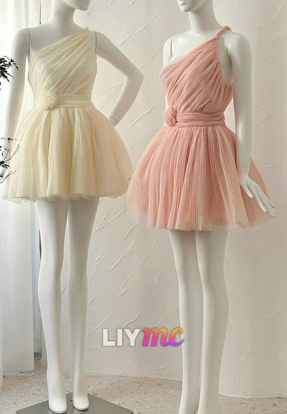 One Shoulder Sleeveless Tulle A-Line Short Party Homecoming Dress