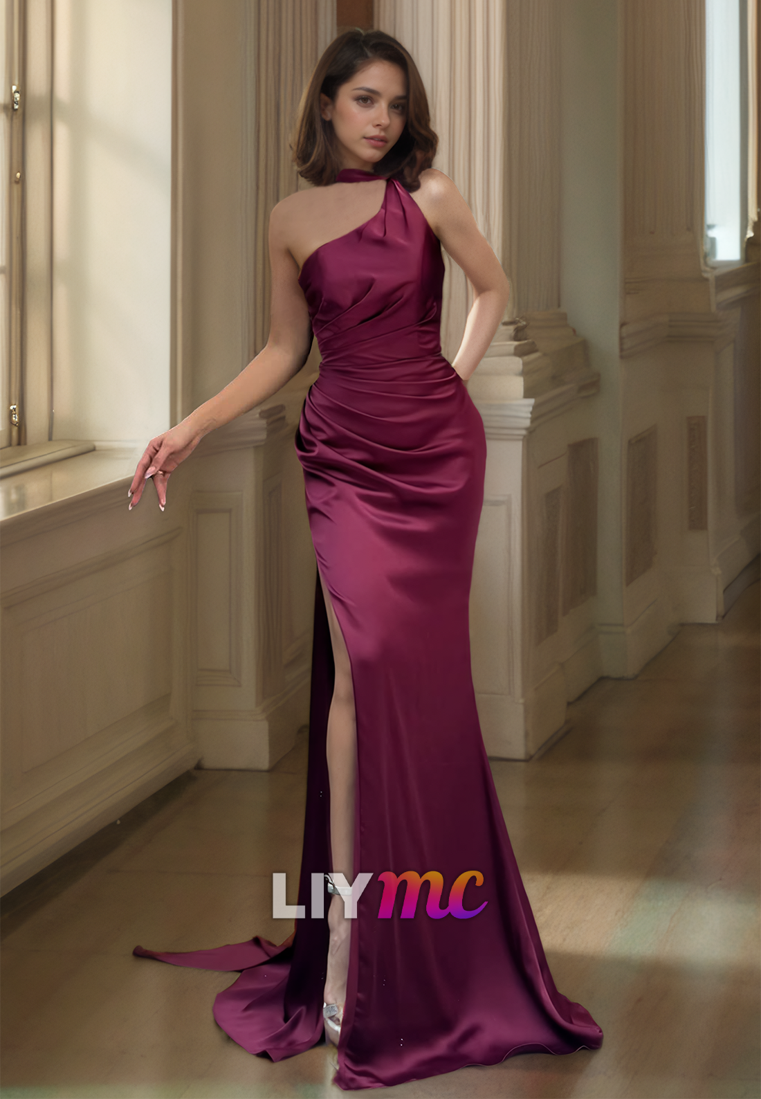 One Shoulder Strapless Pleated Sleek Satin Sheath Formal Dress