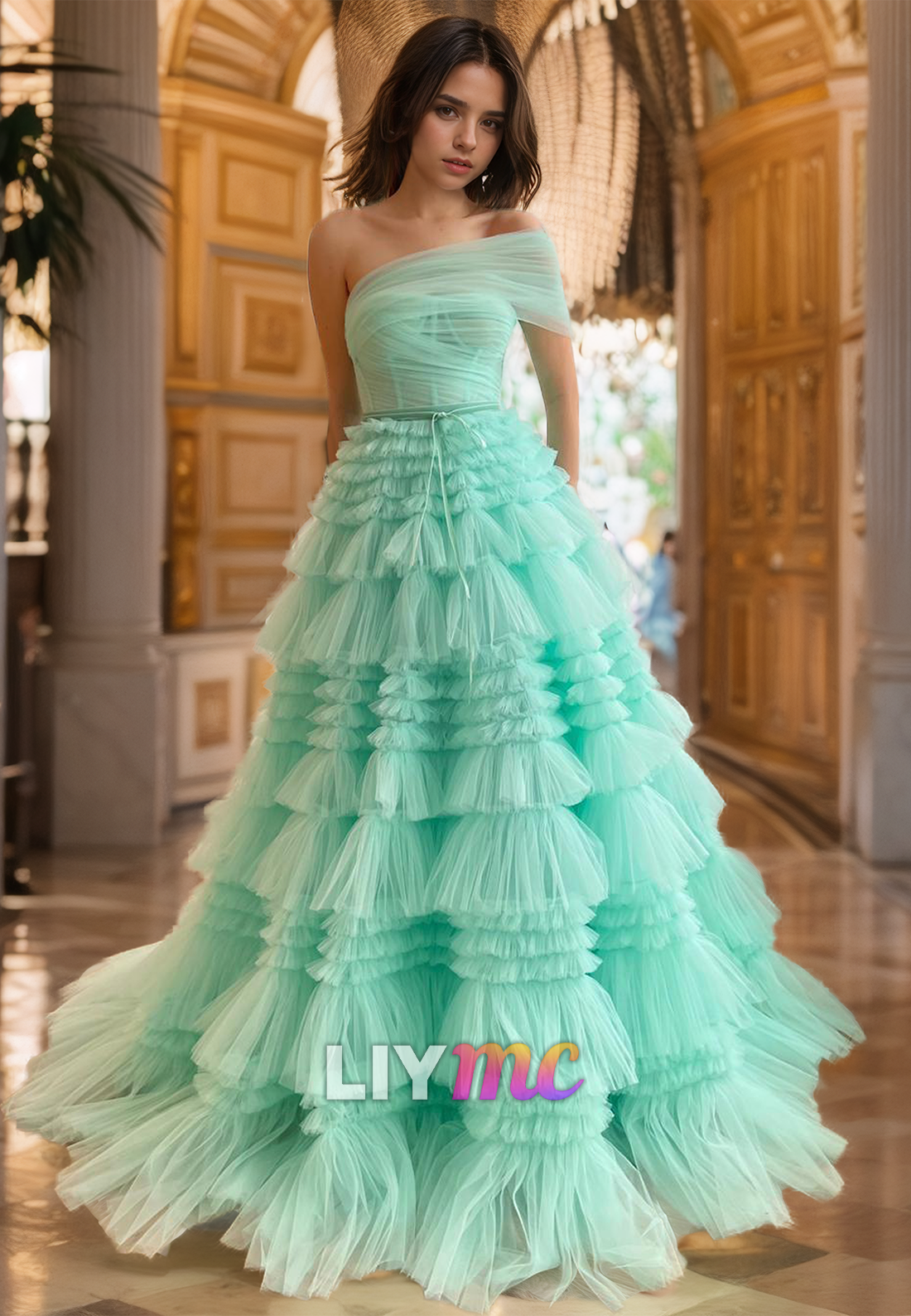 One Shoulder Strapless Tiered Ball Gown Prom Dress