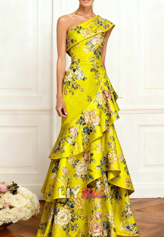 One Shoulder Tiered Floral Printed Mermaid Mother of Bride Dress