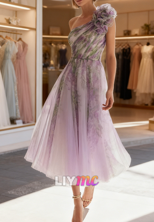 One Shoulder Tulle Floral Printed A-Line Mother of Bride Dress