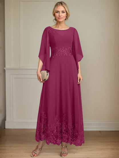 A-line Scoop Illusion Ankle-Length Lace Chiffon Mother of the Bride Dress With Sequins