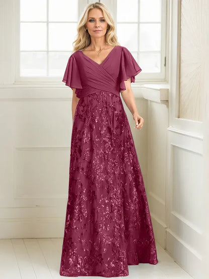 A-line V-Neck Floor-Length Lace Sequin Chiffon Mother of the Bride Dress With Pleated
