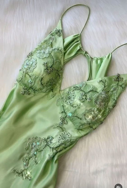 Fancy Mermaid Spaghetti Straps Green Backless Long Prom Dress Evening Dress Formal Dress