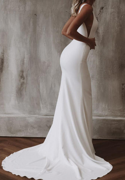 V-Neck Sleeveless Sleek Satin Mermaid Beach Wedding Dress