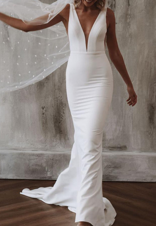 V-Neck Sleeveless Sleek Satin Mermaid Beach Wedding Dress