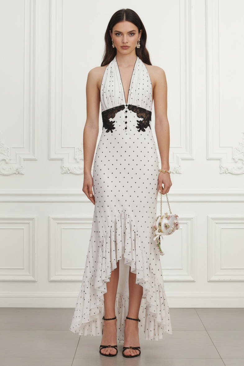 Wedding Guest Dress Polka Dot Halter Neck Midi Dress