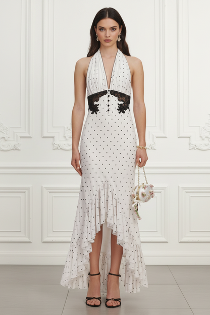 Wedding Guest Dress Polka Dot Halter Neck Midi Dress