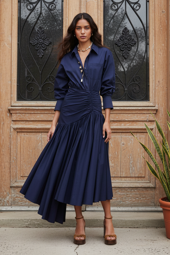 Cocktail Dress Navy Cotton Asymmetric Midi Dress – Liymc