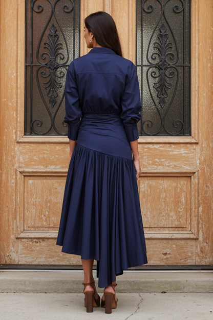 Cocktail Dress Navy Cotton Asymmetric Midi Dress