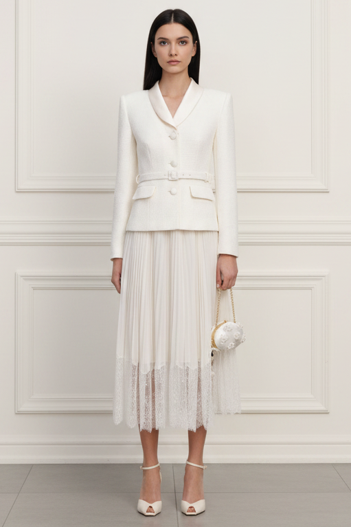 Wedding Guest Dress Cream Boucle Shawl Collared Midi Dress