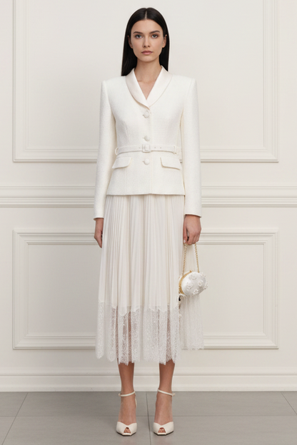 Wedding Guest Dress Cream Boucle Shawl Collared Midi Dress