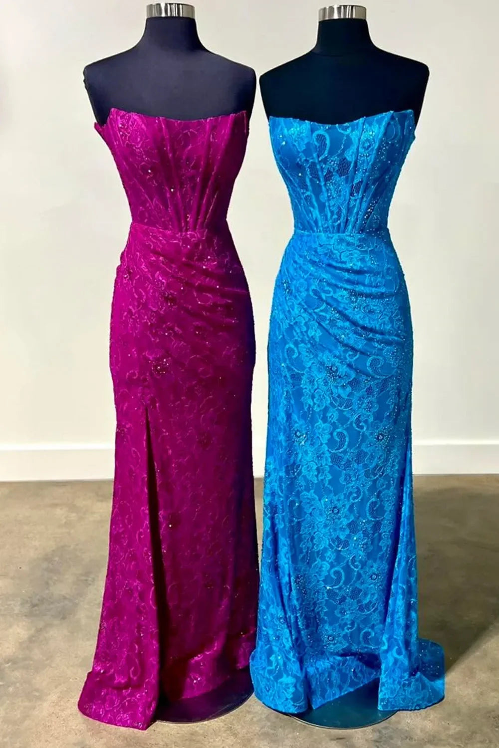 Romantic Lavender Mermaid Strapless Long Lace Prom Dress With Slit