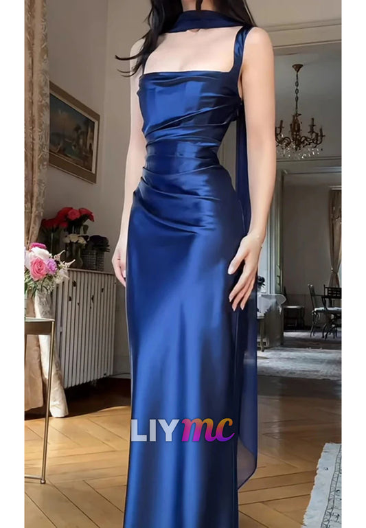 Fashion Blue Satin Pleated Sheath Long Party Dress Formal Wedding Guest Dress