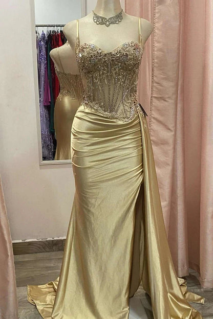 LP2217 - Sweetheart Sleeveless Appliques Sheer Ruched High Slit Prom Dress