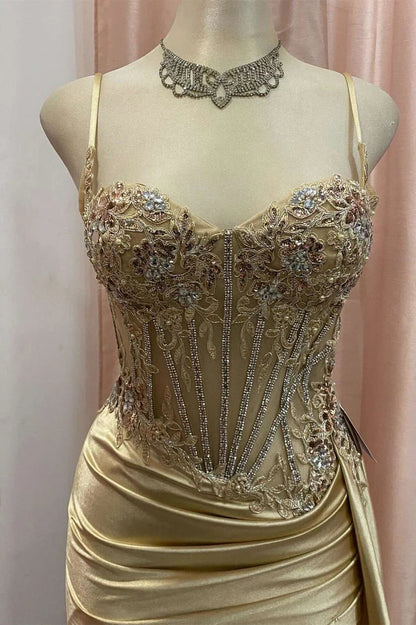 LP2217 - Sweetheart Sleeveless Appliques Sheer Ruched High Slit Prom Dress
