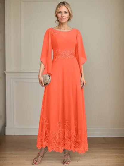 A-line Scoop Illusion Ankle-Length Lace Chiffon Mother of the Bride Dress With Sequins