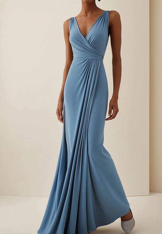 Wedding Guest Party Dress Light Blue Sleeveless Pleated Maxi Dress