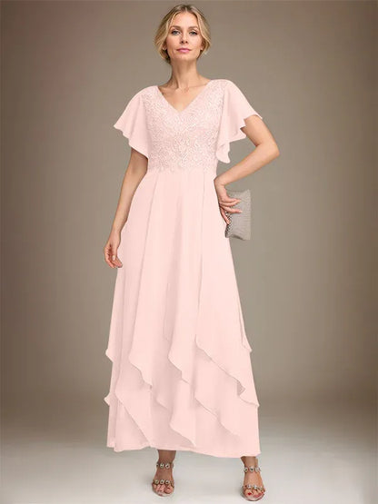 A-line V-Neck Ankle-Length Lace Chiffon Mother of the Bride Dress With Cascading Ruffles