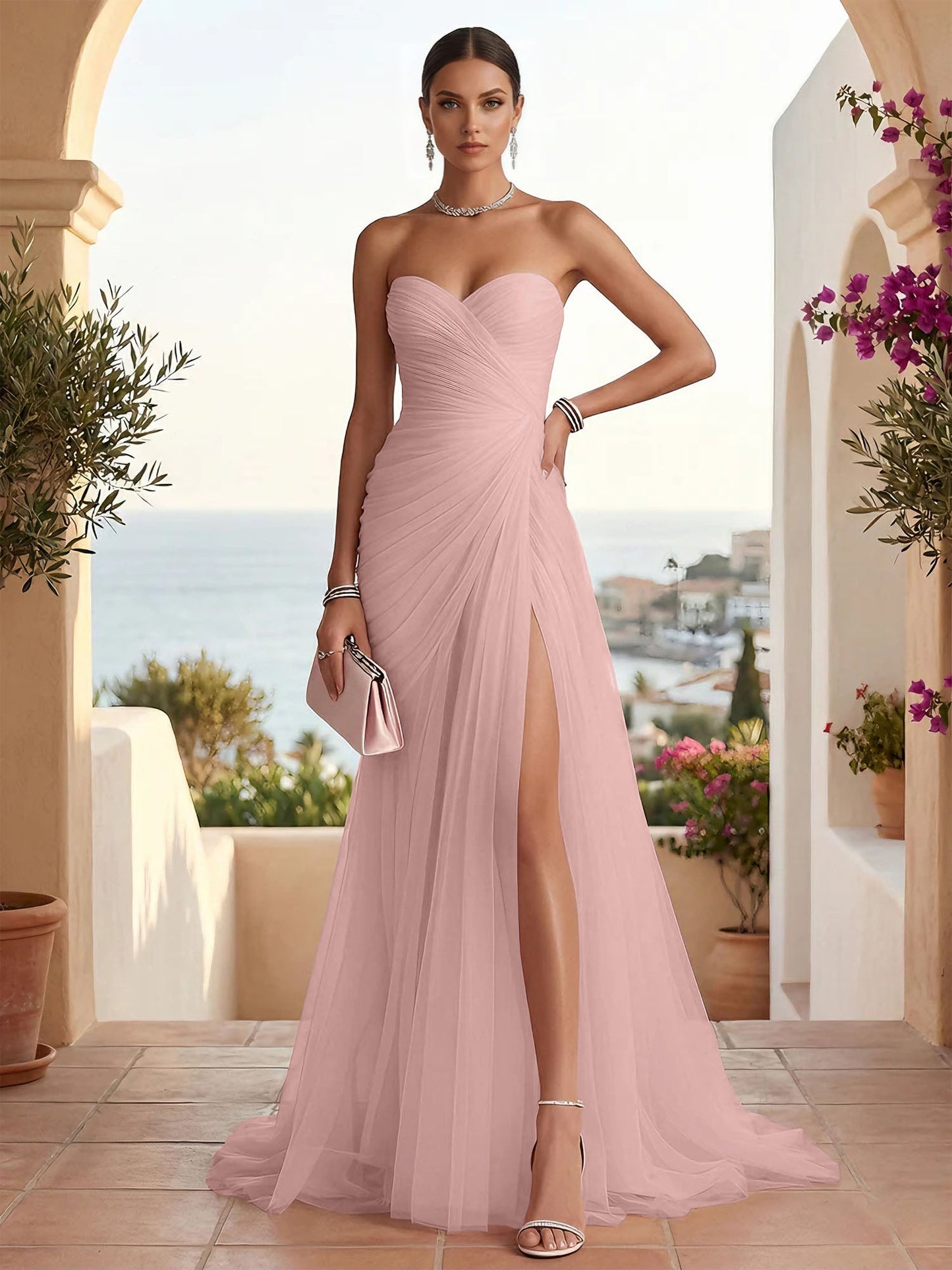 Strapless Sweetheart High Slit Tulle Pleat Prom Dress Evening Dresses