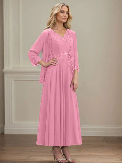 A-line V-Neck Ankle-Length Chiffon Mother of the Bride Dress With Sequins Appliques Lace Beading