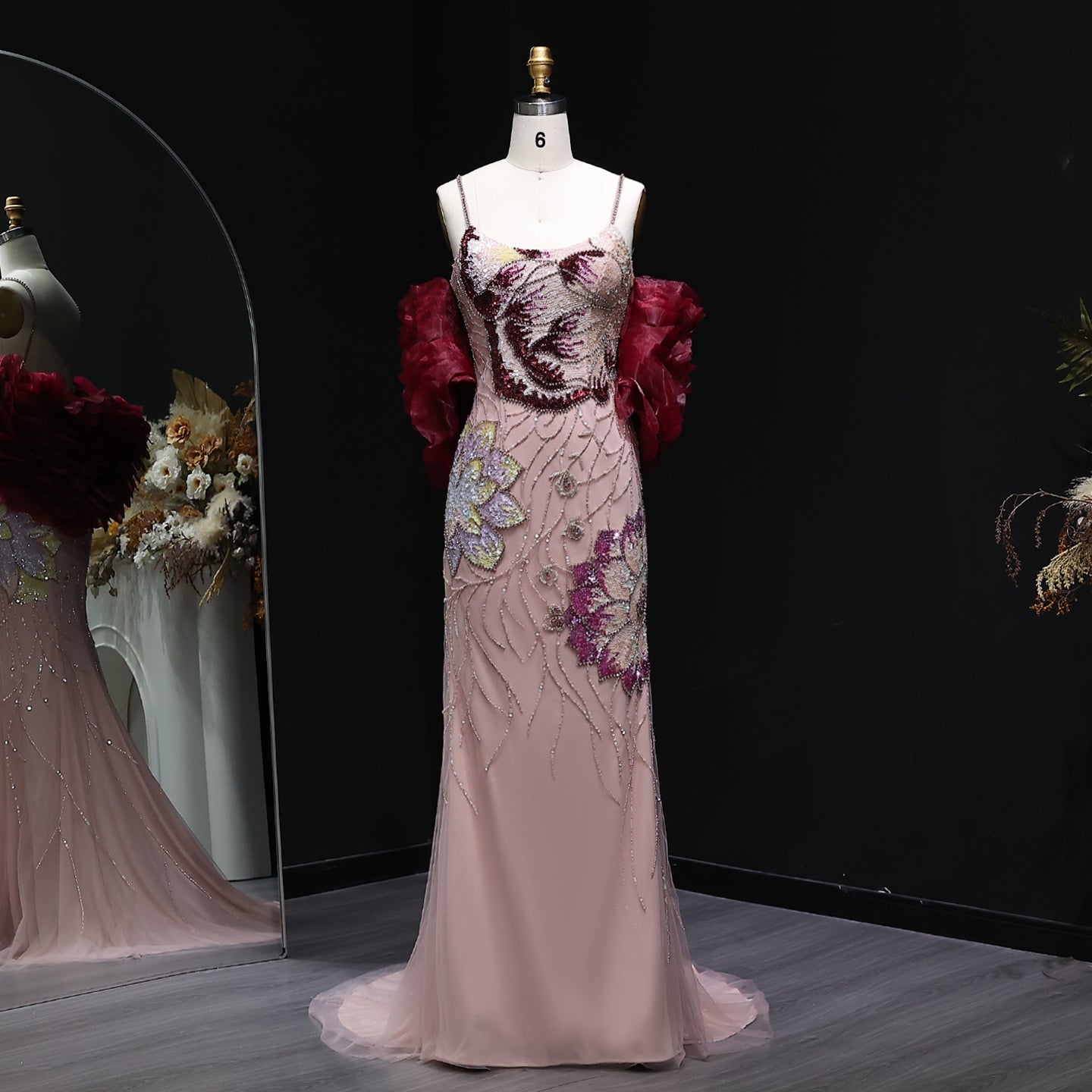 Luxury Pink Evening Dress with Burgundy Shawl Cape Spaghetti Straps