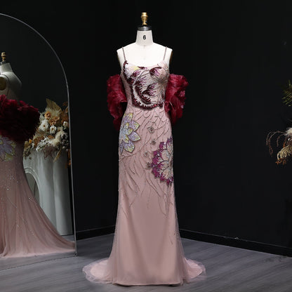 Luxury Pink Evening Dress with Burgundy Shawl Cape Spaghetti Straps