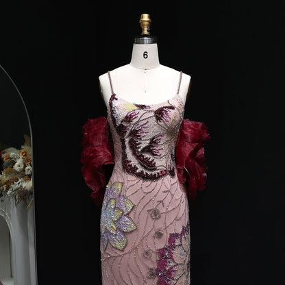Luxury Pink Evening Dress with Burgundy Shawl Cape Spaghetti Straps
