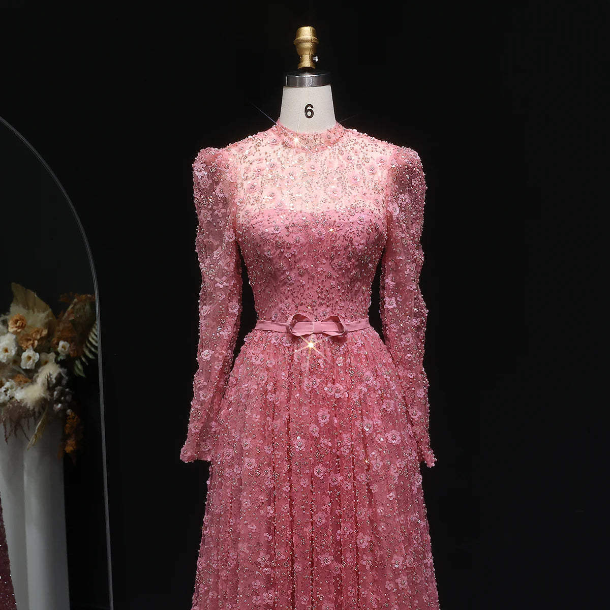 Romantic Pink 3D Floral Ruffled Evening Dress