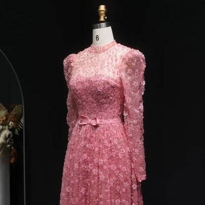 Romantic Pink 3D Floral Ruffled Evening Dress
