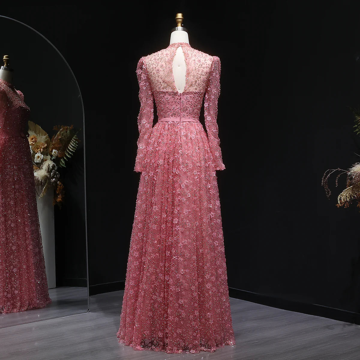 Romantic Pink 3D Floral Ruffled Evening Dress