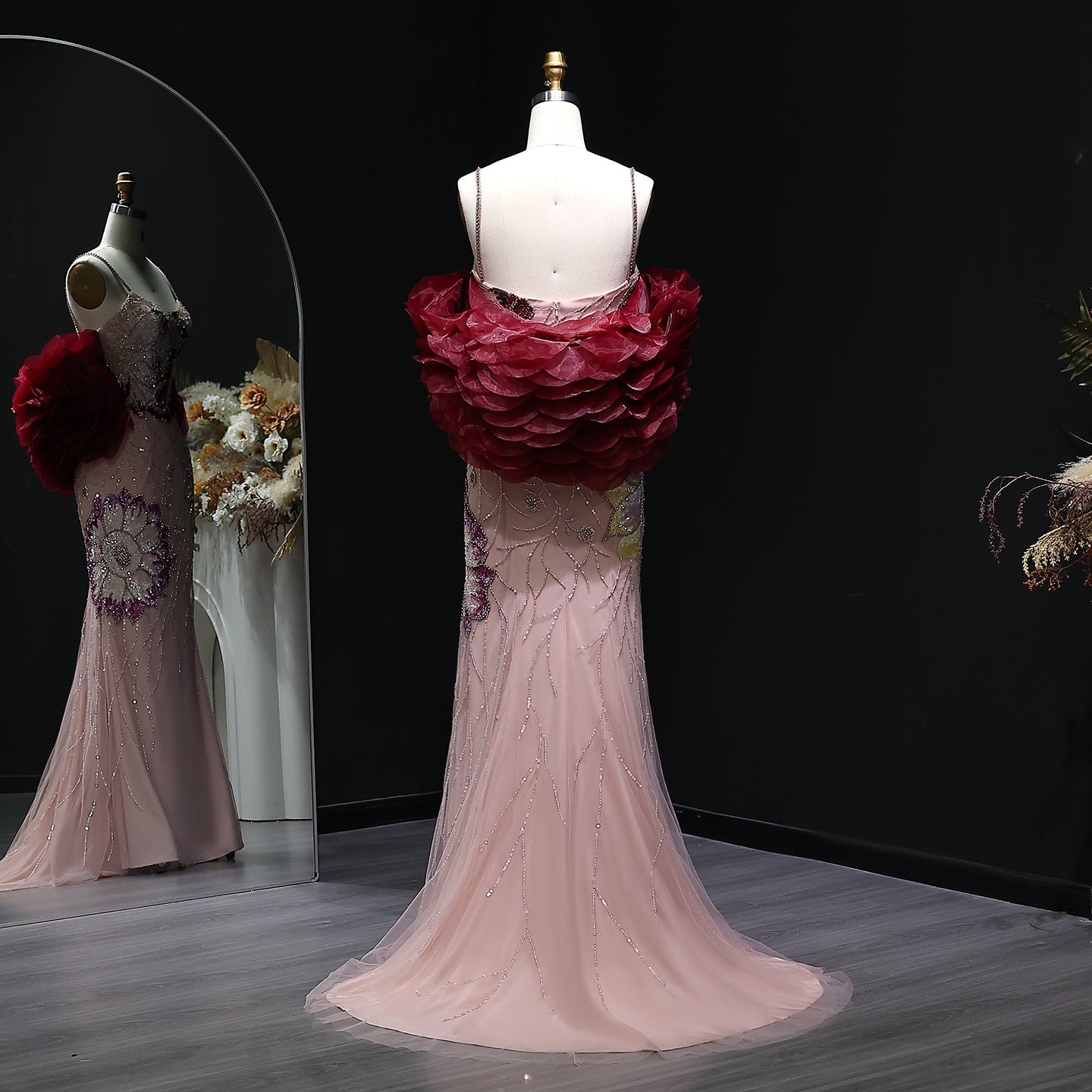 Luxury Pink Evening Dress with Burgundy Shawl Cape Spaghetti Straps