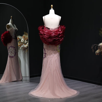 Luxury Pink Evening Dress with Burgundy Shawl Cape Spaghetti Straps