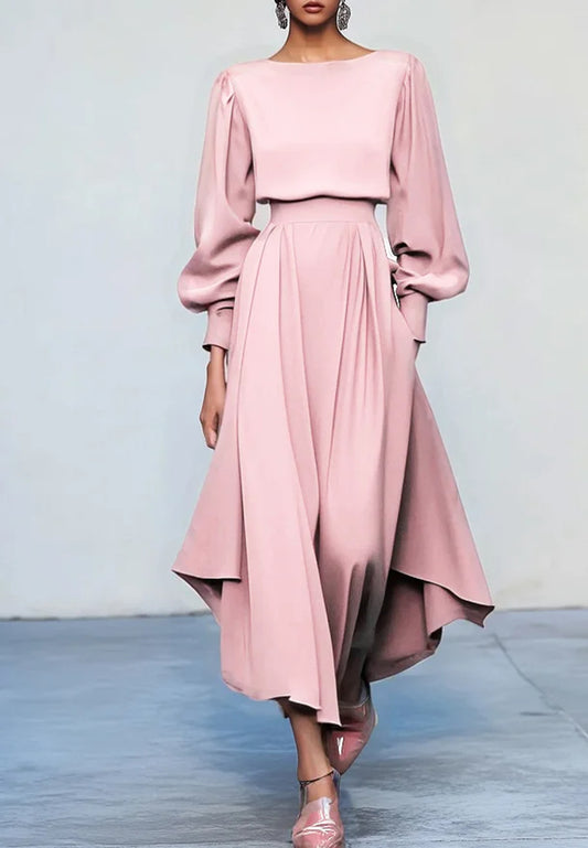 Pink Asymmetric Boat Neck Long Balloon Sleeve A-Line Midi Dress