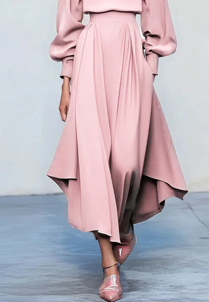 Pink Asymmetric Boat Neck Long Balloon Sleeve A-Line Midi Dress